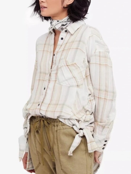 Free People Tops - Free People Nordic Day Gauze Plaid Lace-up Side Tunic Top Small Cream Combo